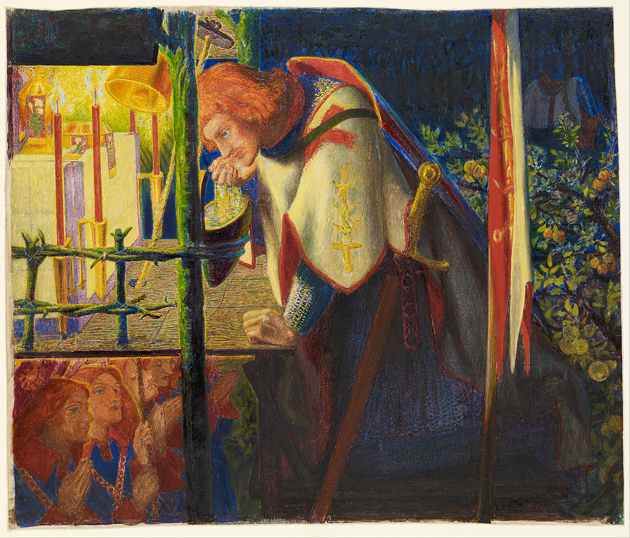 Sir Galahad at the ruined Chapel #3 Drawing by Dante Gabriel Rossetti