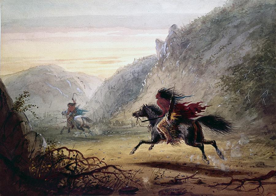 Alfred Jacob Miller Painting -  Snake Indian Pursuing a Crow Horse Thief #2 by Alfred Jacob Miller