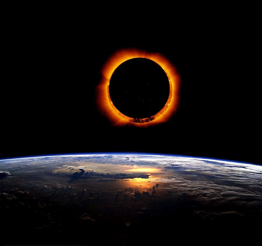 Solar Eclipse from above the earth #2 Painting by Celestial Images