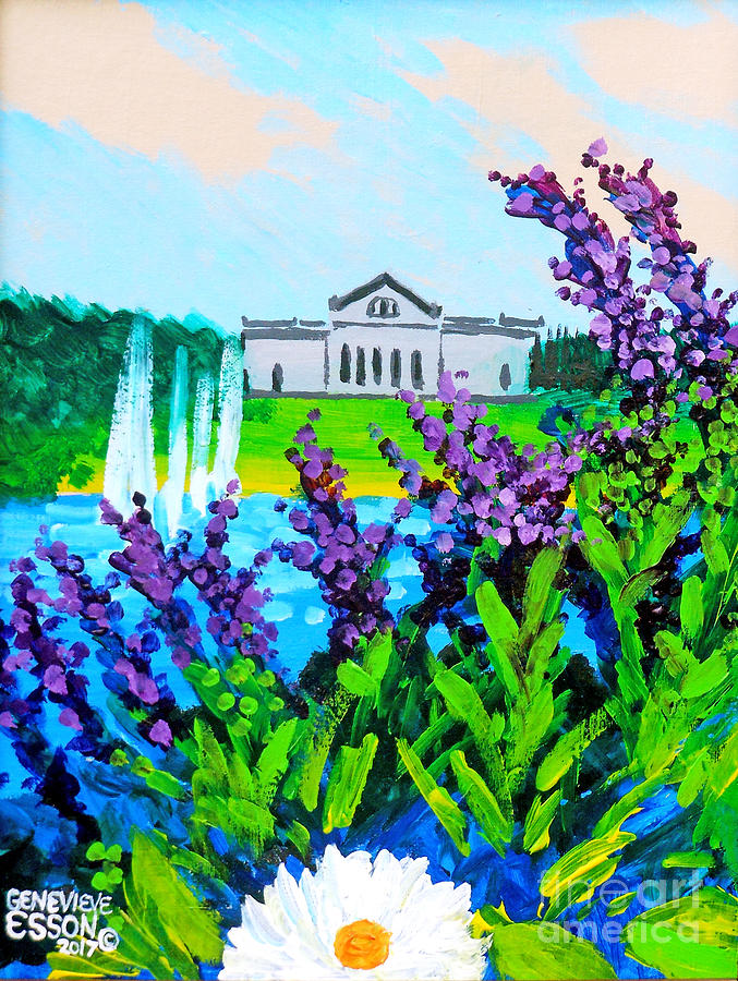 St. Louis Art Museum At Grand Basin With Flowers and Water Fountains Painting by Genevieve Esson