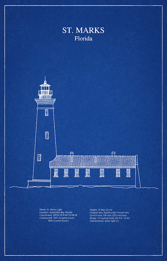 St Marks Lighthouse Florida Blueprint Drawing Digital Art By Stockphotosart Com