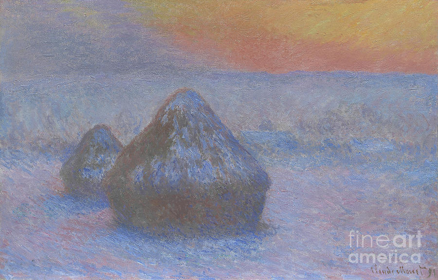 Stacks of Wheat  Sunset  Snow Effect Painting by Claude Monet