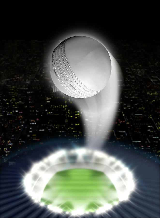 Cricket Digital Art - Stadium Night With Ball Swoosh #2 by Allan Swart