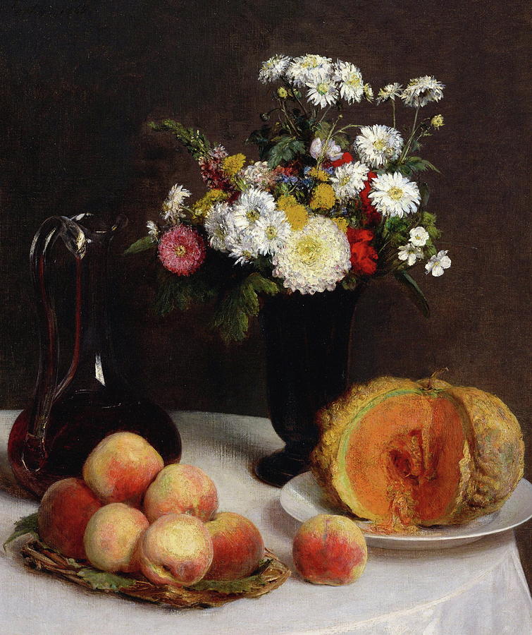 Nature Painting - Still Life With A Carafe, Flowers And Fruit  #2 by Henri Fantin Latour