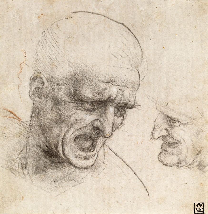 Study of Two Warriors Heads for the Battle of Anghiari #4 Drawing by Leonardo da Vinci