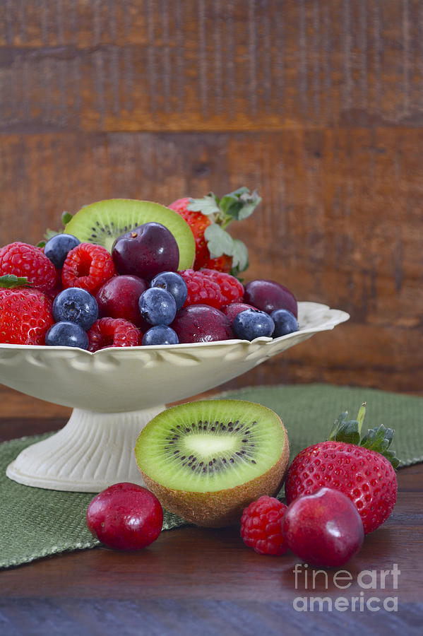 Summer Fruit in Vintage Bowl on Dark Wood Table.  #2 Photograph by Milleflore Images