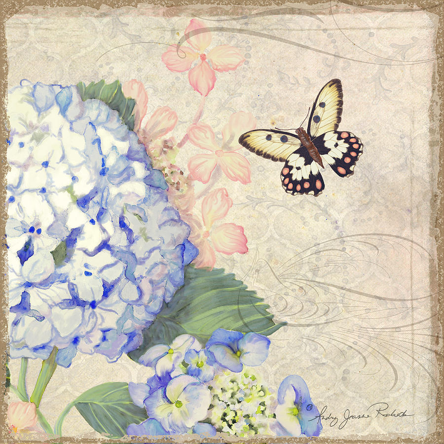 Summer Memories - Blue Hydrangea n Butterflies #2 Painting by Audrey Jeanne Roberts