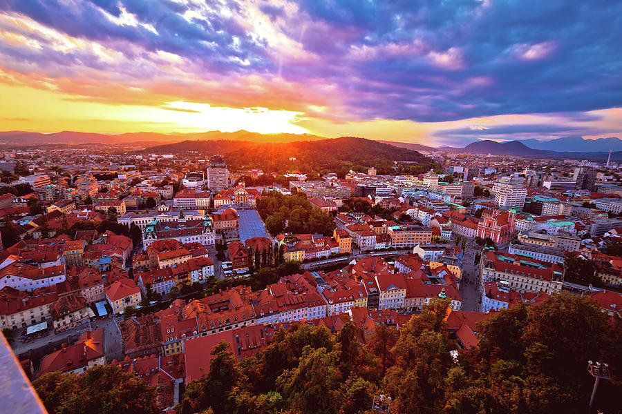 Sunset above Ljubljana aerial view #2 Photograph by Brch Photography