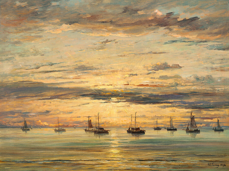Sunset at Scheveningen. A Fleet of Fishing Vessels at Anchor #4 Painting by Hendrik Willem Mesdag