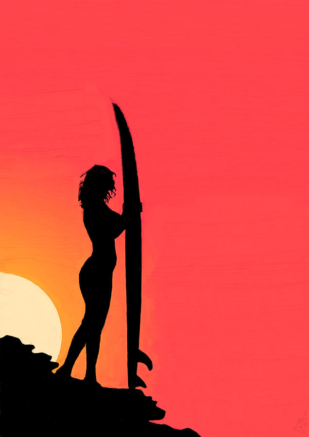 Sunset Painting - Surfer Silhouette at Sunset #2 by Bruce Nutting