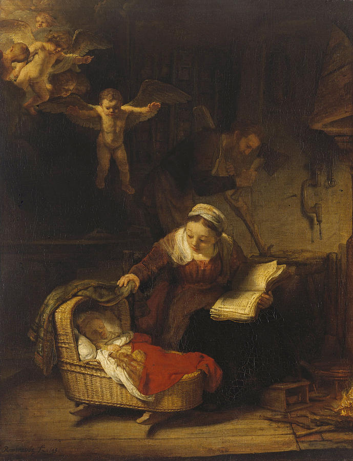 The Holy Family with Angels #3 Painting by Rembrandt