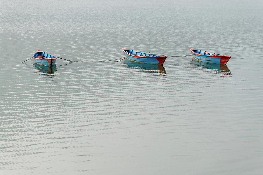 Three blue boats on Phewa Lake in Pokhara #2 Photograph by Dutourdumonde Photography