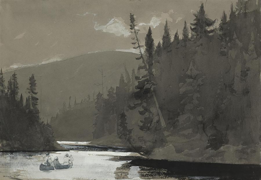 Three Men In A Canoe Painting by Winslow Homer