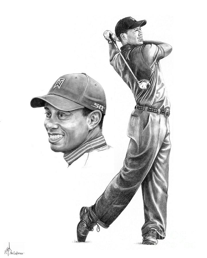 Golf Drawing - Tiger Woods #2 by Murphy Elliott