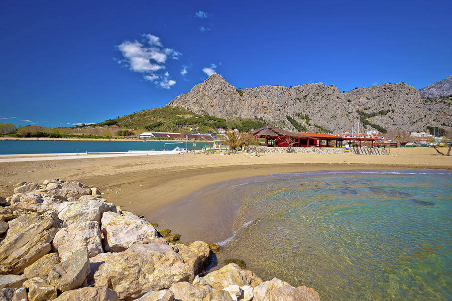 Town of Omis sand beach and Biokovo mountain coastline view #2 Photograph by Brch Photography