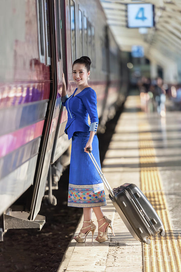 Traveler Girl Walking And Waits Train On Railway Platform Photograph By Sasin Tipchai Pixels 