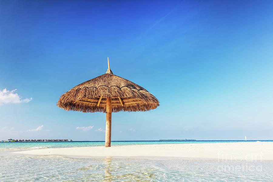 Tropical sandbank island with sunshade umbrella. Indian Ocean, Maldives. #3 Photograph by Michal Bednarek