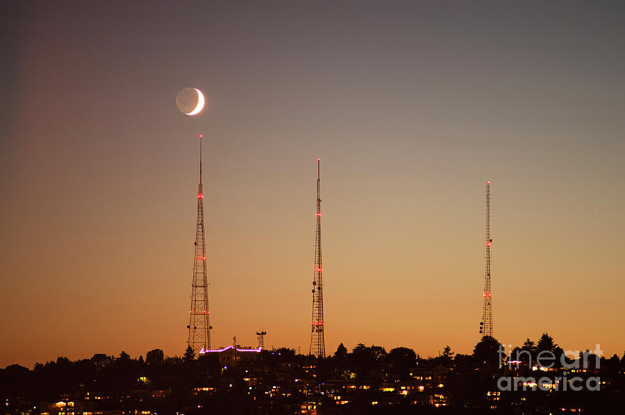 TV towers at Sunset with Crescent Moon  #2 Photograph by Jim Corwin