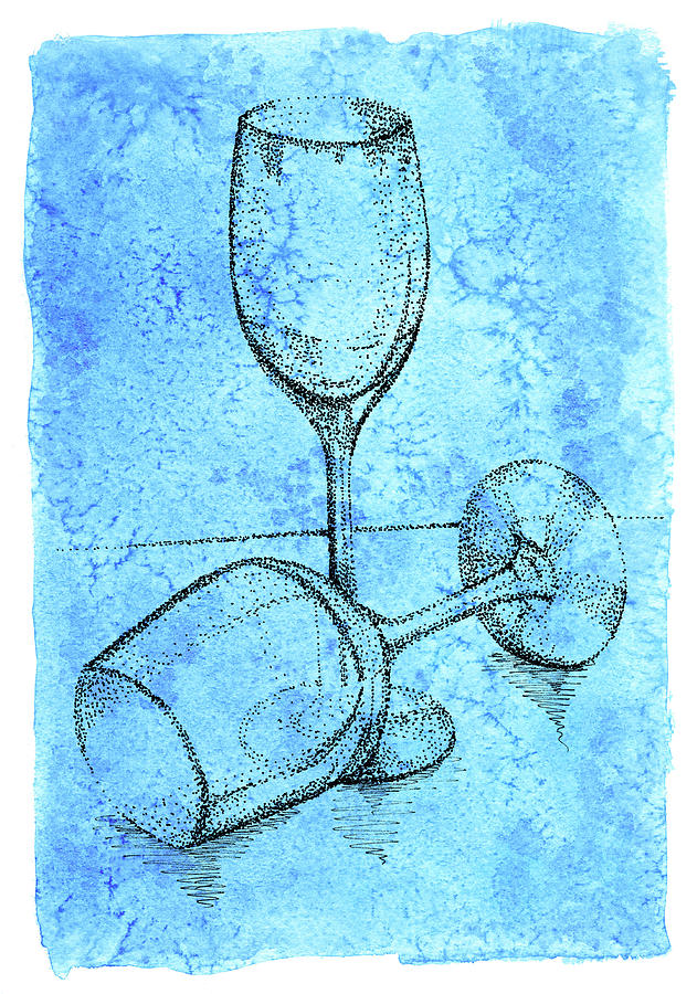 Abstract Mixed Media - Two hand dot drawn transparent wine  glasses #2 by Victoria Yurkova