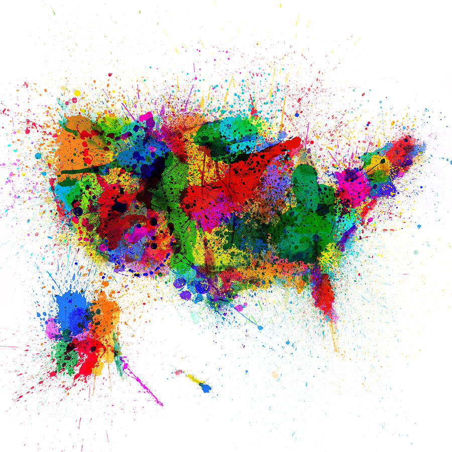 Usa Map Digital Art - United States Paint Splashes Map #2 by Michael Tompsett