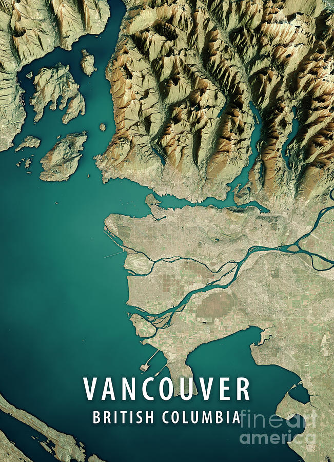 Vancouver 3D Render Satellite View Topographic Map Digital Art by Frank ...