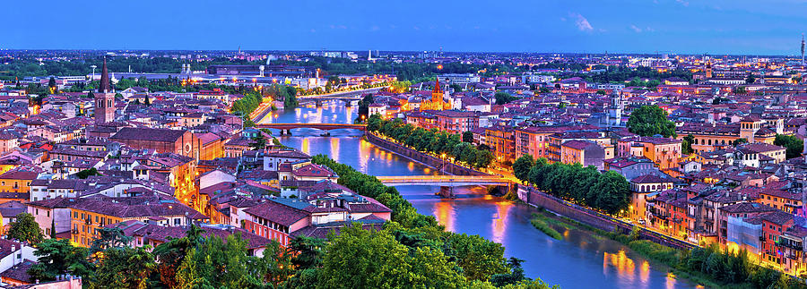 Verona old city and Adige river panoramic aerial view at evening #2 Photograph by Brch Photography