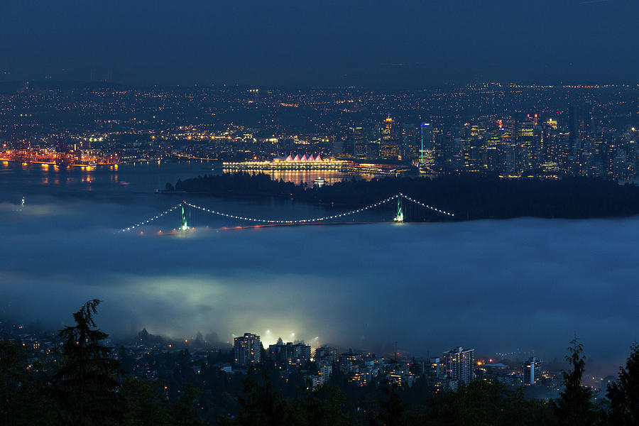 View of Lions Gate Bridge and Vancouver in the Fog #1 Photograph by Michael Russell