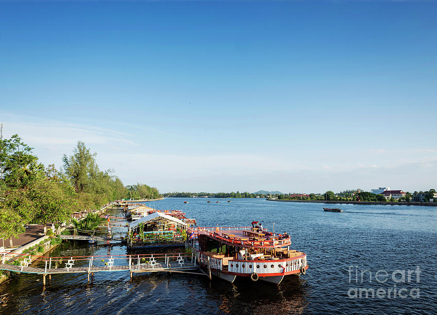 View Of River Boat Restaurants In Kampot Town Cambodia #2 Photograph by JM Travel Photography