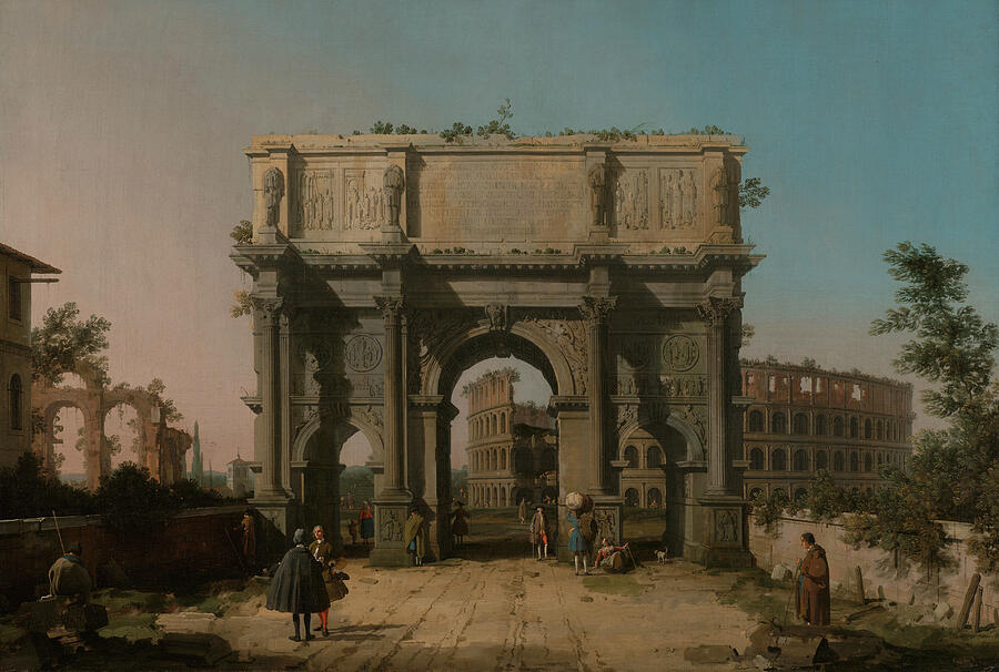 View of the Arch of Constantine with the Colosseum, from 1742-1745 Painting by Canaletto