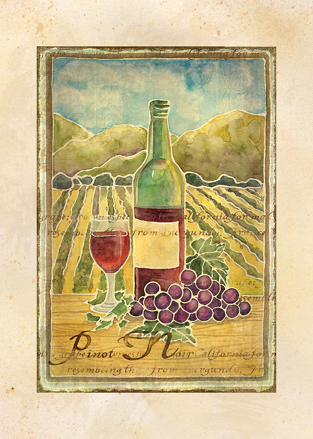 Wine Painting - Vineyard Pinot Noir Grapes n Wine - Batik Style #2 by Audrey Jeanne Roberts
