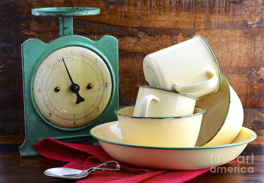 Vintage kitchen scales and tin cups and pans #2 Photograph by Milleflore Images