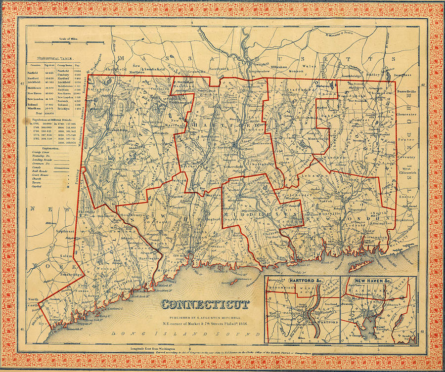 Vintage Map of Connecticut Drawing by CartographyAssociates - Pixels