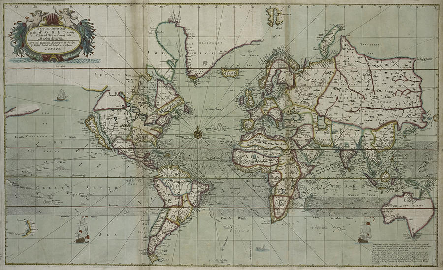 Vintage Map of The World - 1702 Drawing by CartographyAssociates