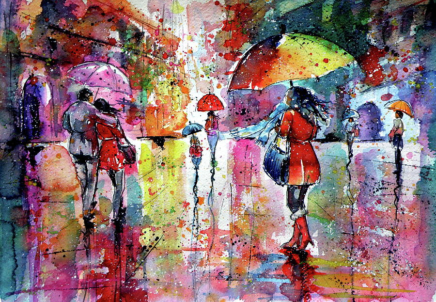 Walk in rain.... #2 Painting by Kovacs Anna Brigitta