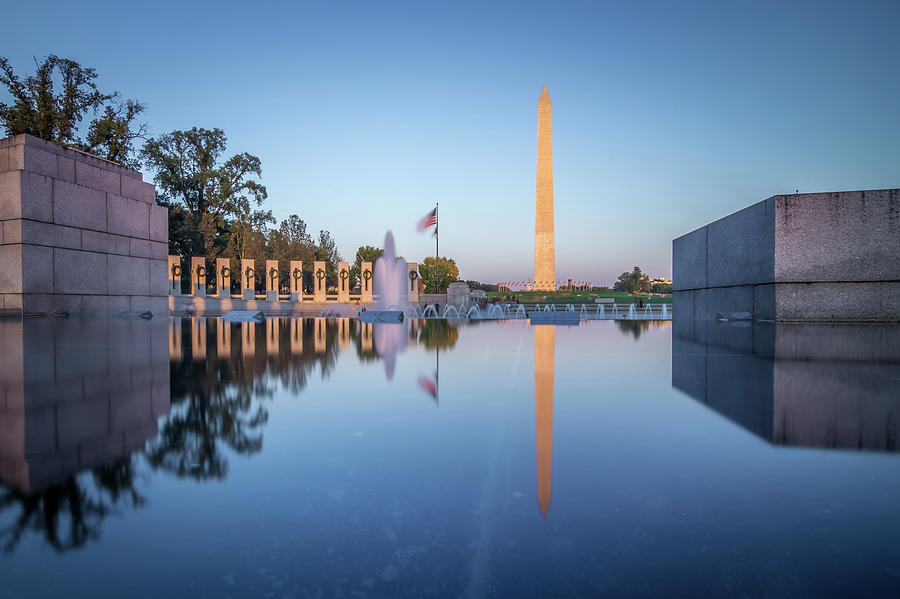 Washington Memorial Tower Reflecting In Reflective Pool At Sunse #2 Photograph by Alex Grichenko