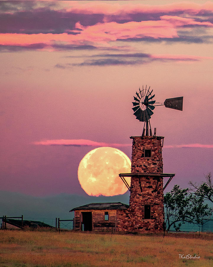 Windmill at Moonset #2 Photograph by Tim Kathka