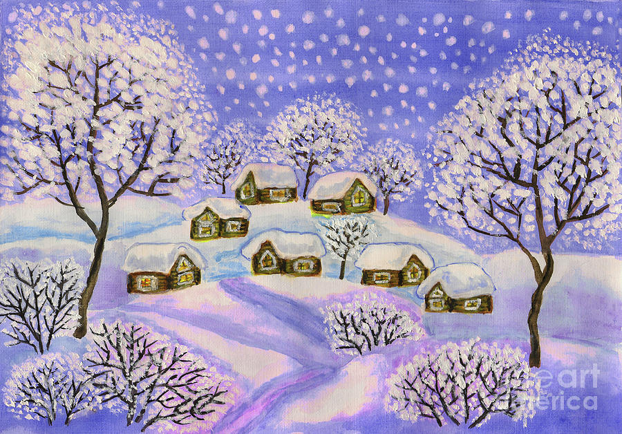 Winter landscape in purple colours, painting #2 Painting by Irina Afonskaya