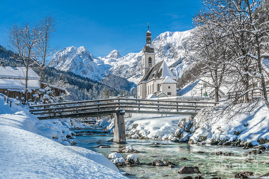 Winter landscape in the Bavarian Alps with church, Ramsau, Germa #2 Photograph by JR Photography