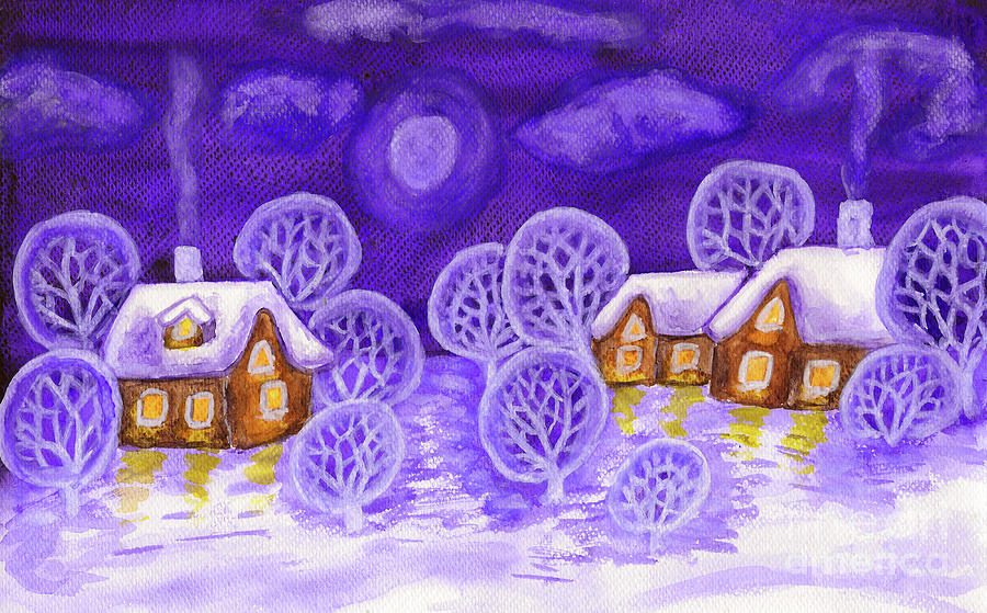 Winter landscape in violet colours, painting #2 Painting by Irina Afonskaya