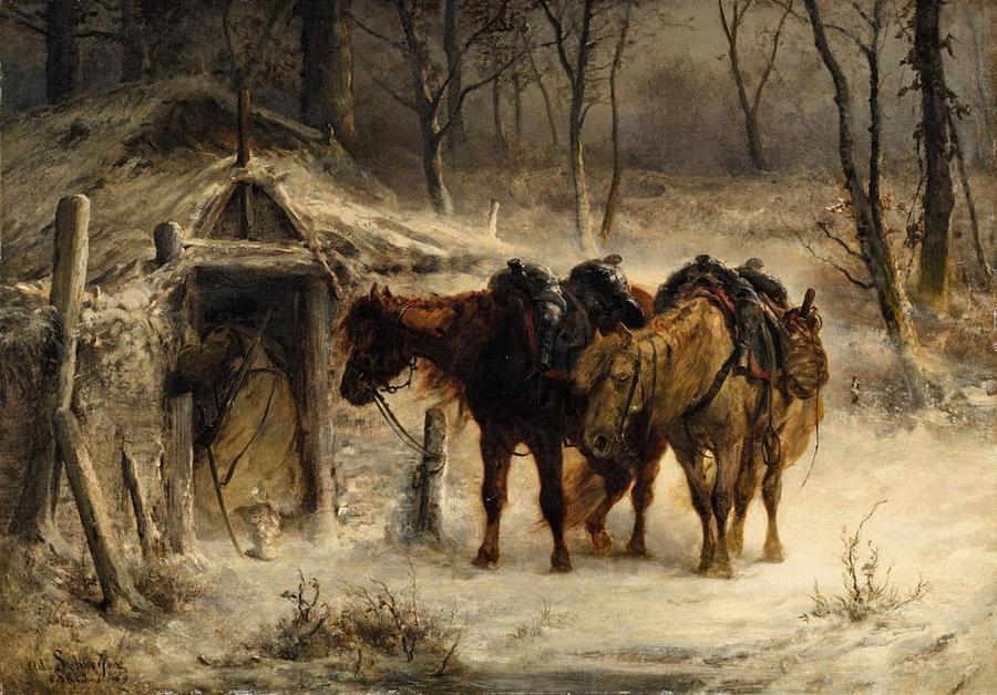 Winter Landscape With A Huntsman And Horses Painting