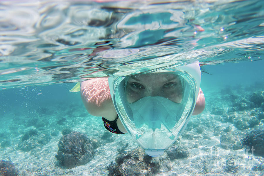 Woman snorkeling underwater in Indian Ocean, Maldives #3 Photograph by Michal Bednarek