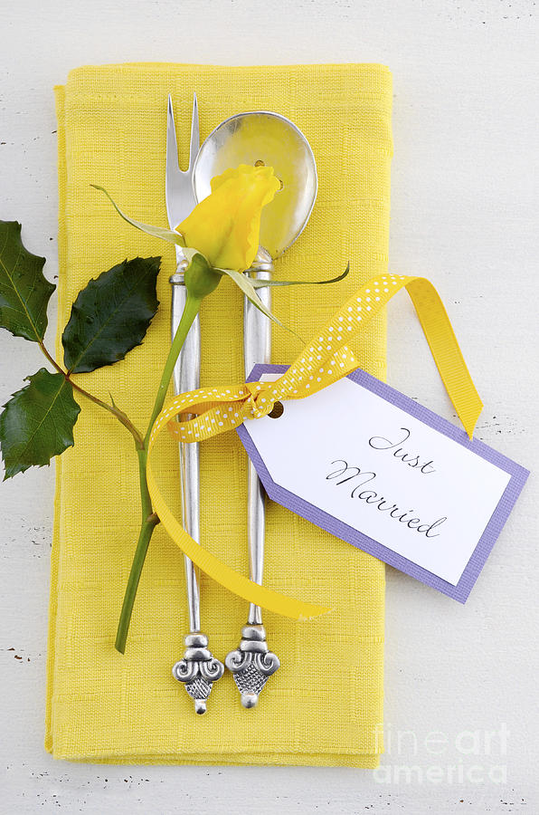 Yellow and white theme wedding table place setting.  #2 Photograph by Milleflore Images