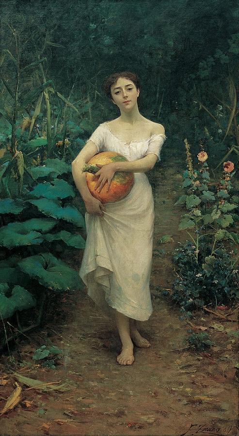 Woman Painting - Young Girl Carrying a Pumpkin #2 by Fausto Zonaro
