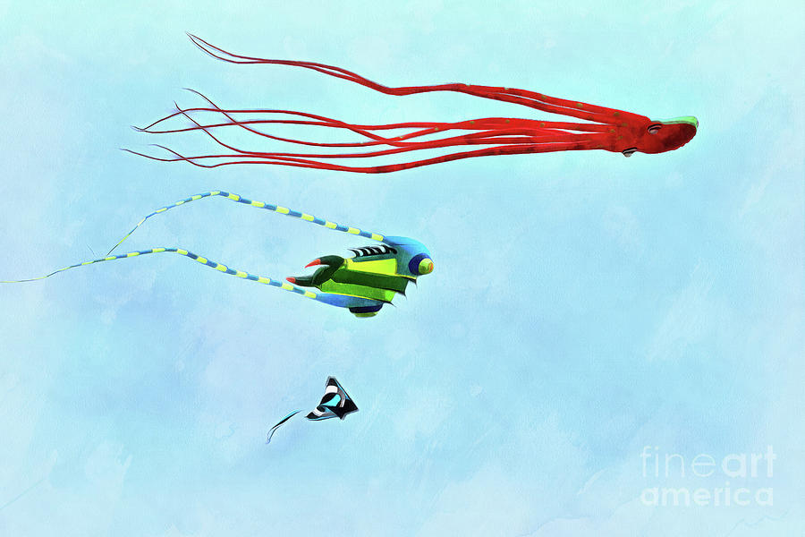 Kites flying during Kite festival #20 Painting by George Atsametakis