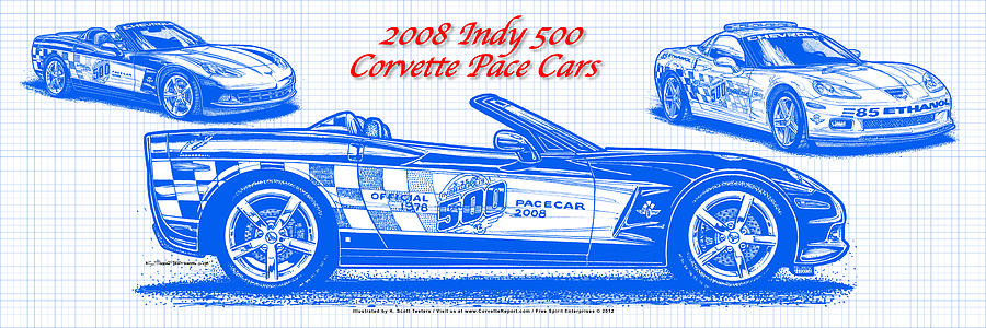 2008 Indy 500 Corvette Pace Car Blueprint Series Drawing by K Scott Teeters