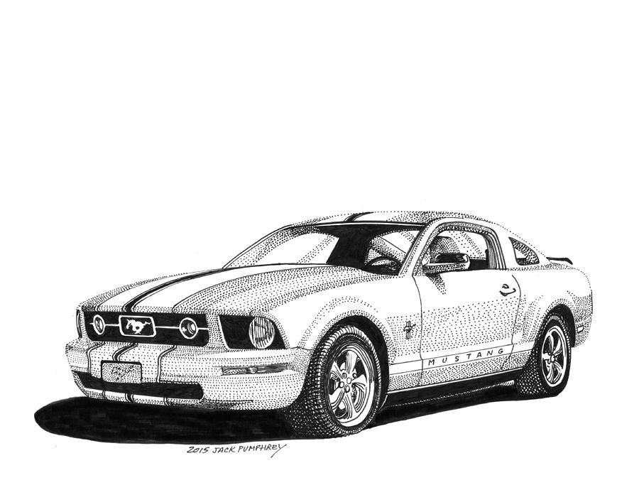 White Mustang Fastback Drawing