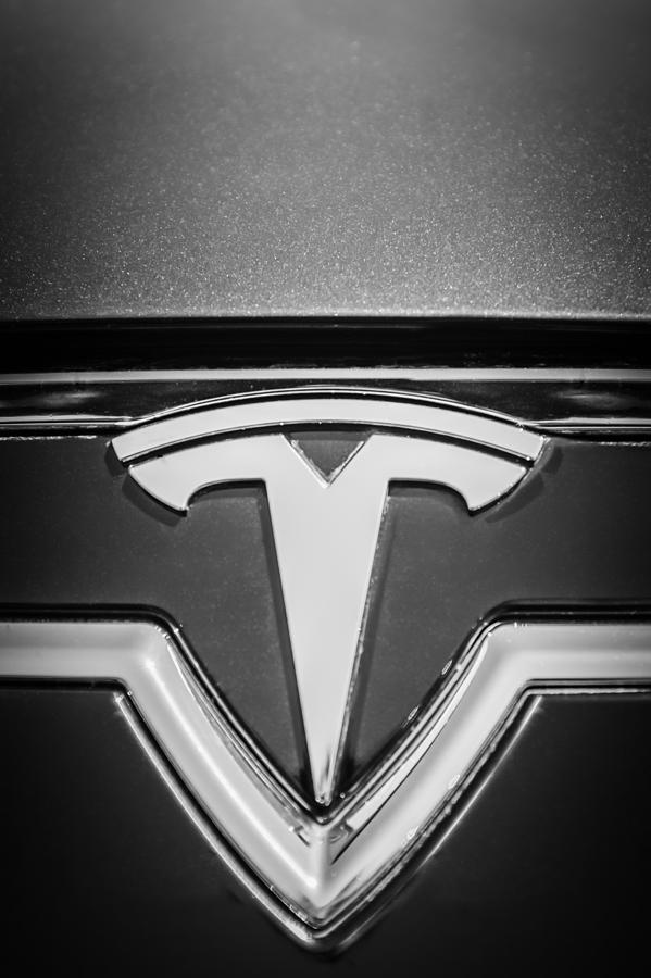 Black And White Photograph - 2013 Tesla Model S Emblem -0122bw2 by Jill Reger