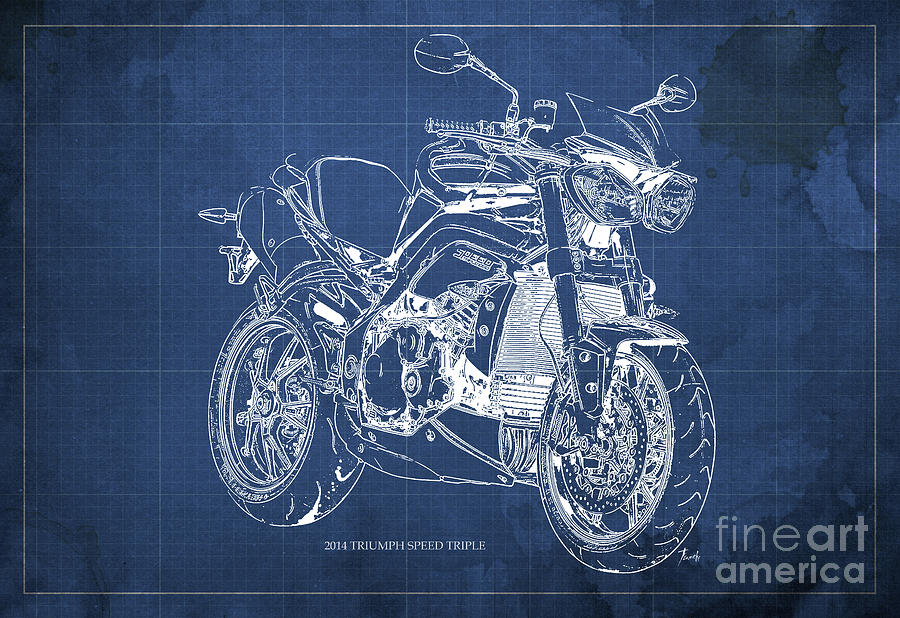 2014 Triumph Speed Triple Blueprint Blue Background Digital Art by ...