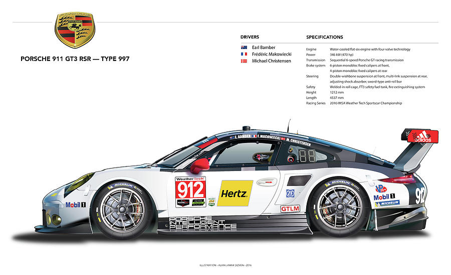 2016 911gt3r Rsr Poster Drawing by Alain Jamar