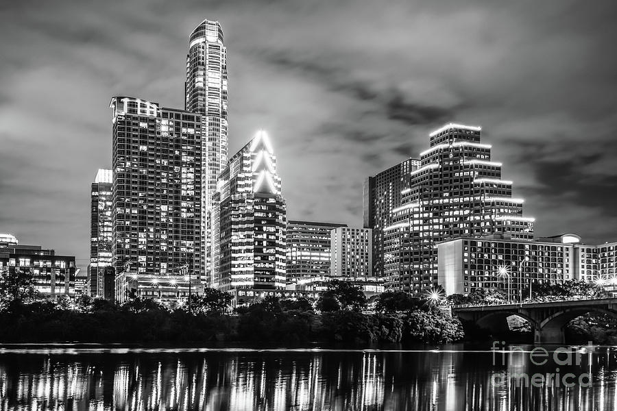 2016 Austin Skyline at Night in Black and White Photograph by Paul Velgos